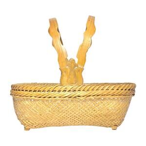 Vintage American Handmade Woven Rattan Wicker Gathering Basket w/Handles 10”